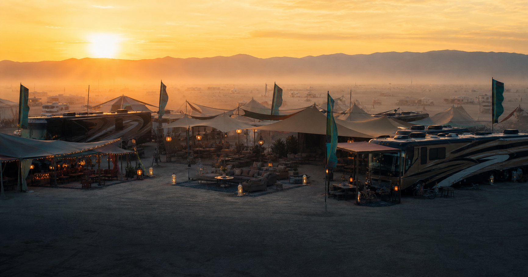 Burning Man desert camp with illuminated shade structures
